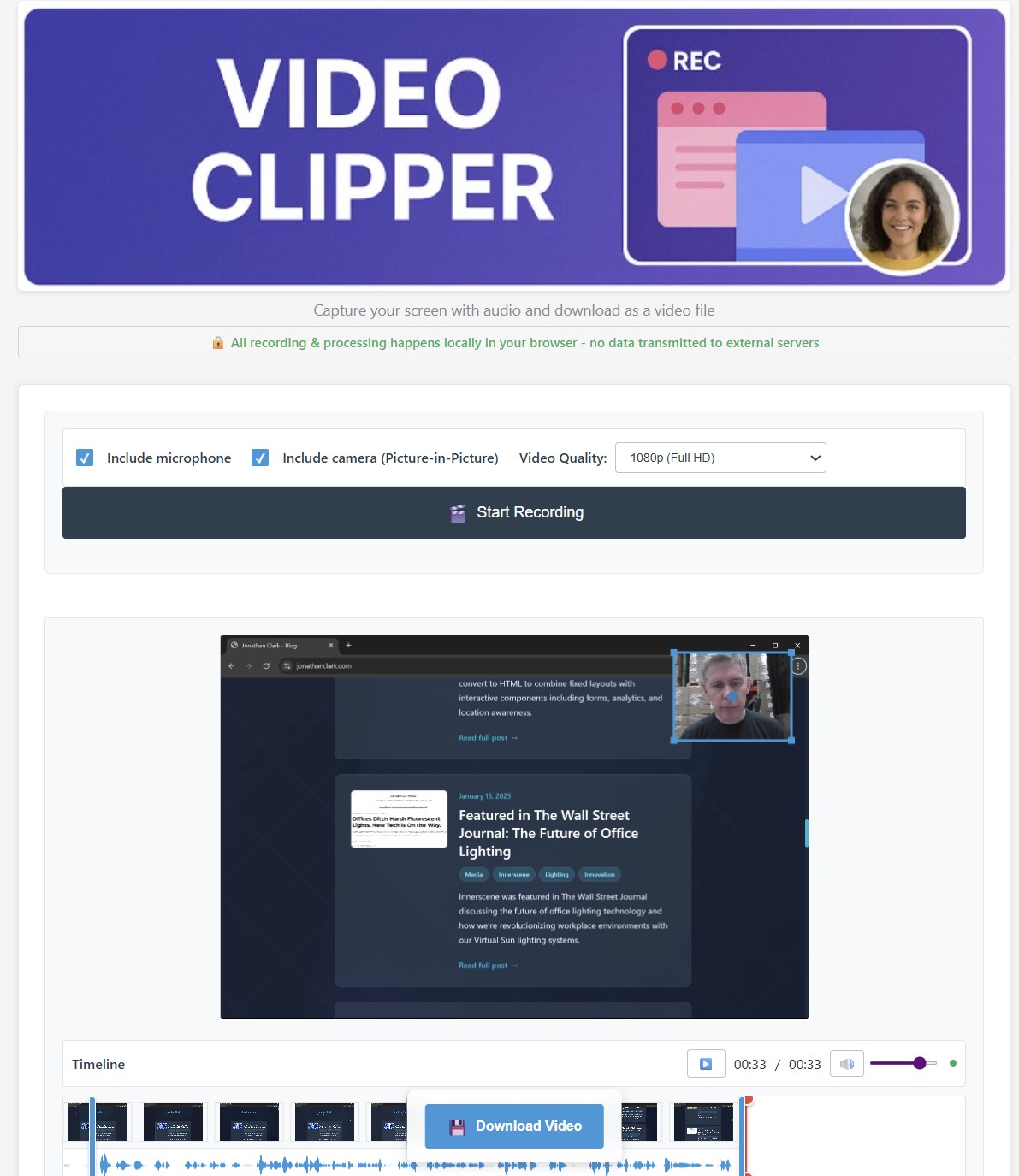 Video Clipper User Interface - Clean, modern design with recording controls and editing features