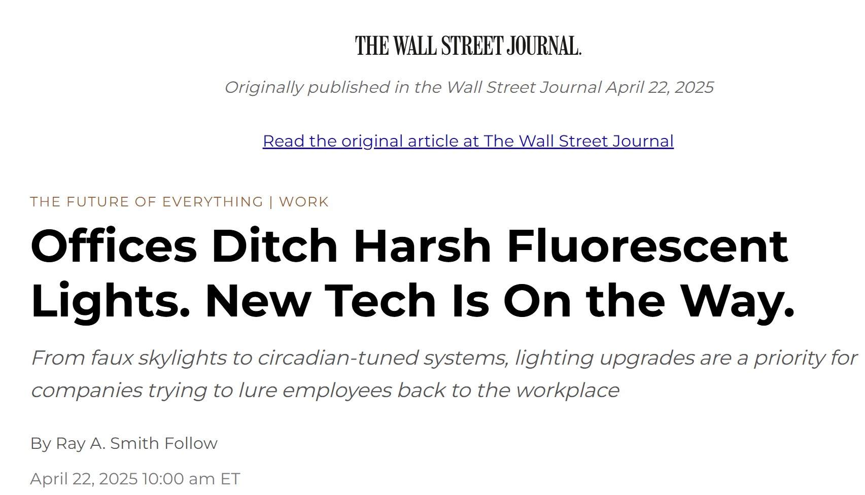 The Wall Street Journal article featuring Innerscene's innovative lighting technology